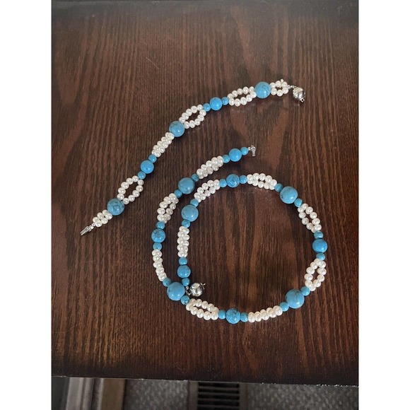 Freshwater Pearl And Turquoise Beaded Necklace And Bracelet Set 1/20 14k GF Nice - Picture 1 of 8